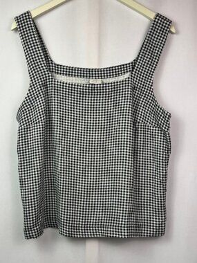 A New Day Womens Gingham Linen Blend Square Neck Tank Top Black White Large NEW